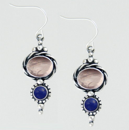 Sterling Silver Drop Dangle Earrings With Rose Quartz And Lapis Lazuli